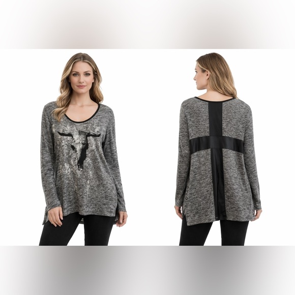 Rock & Republic Tops - Rock & Republic Gray Bull Skull Graphic Hi-Low Knit Top M Western